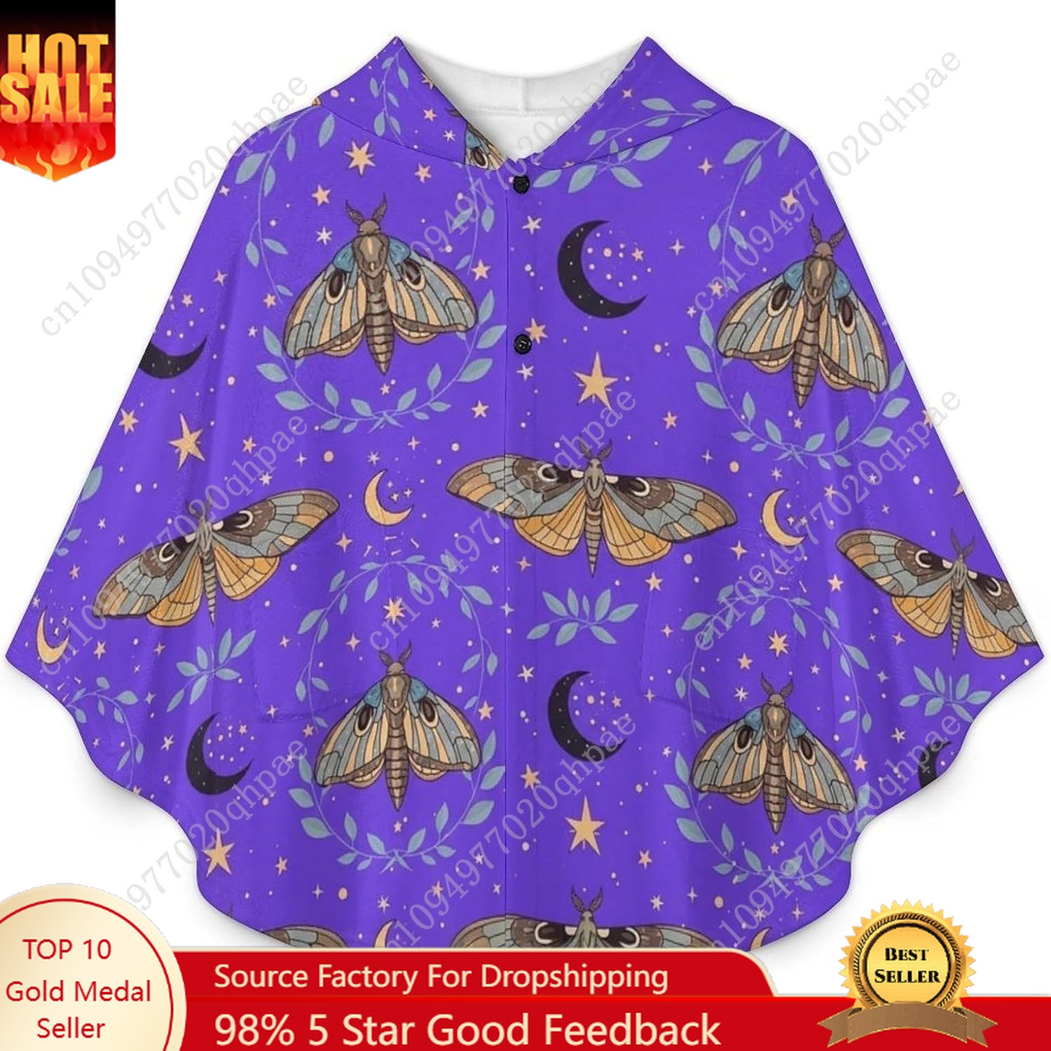 Hoodie Women Oversized - Cozy Flannel Blanket Sweater,Moths Leaves Moons