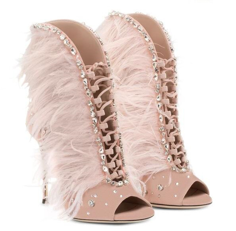 Women'S Fashion Show - Bling Crystal Fur Peep Toe Ankle
