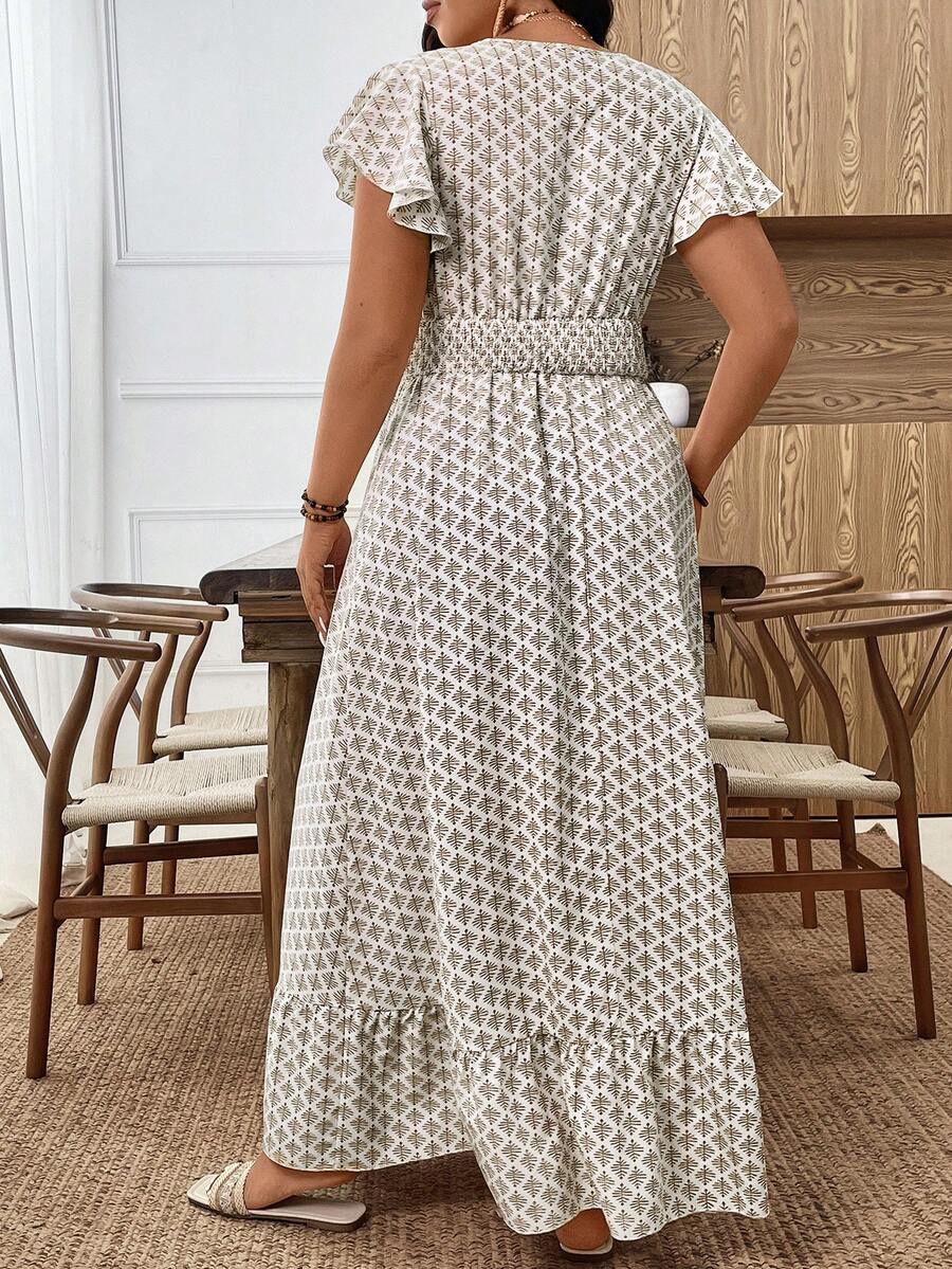 Floral Summer Dress - Elegant Floral Pattern Ruffle Short Sleeve