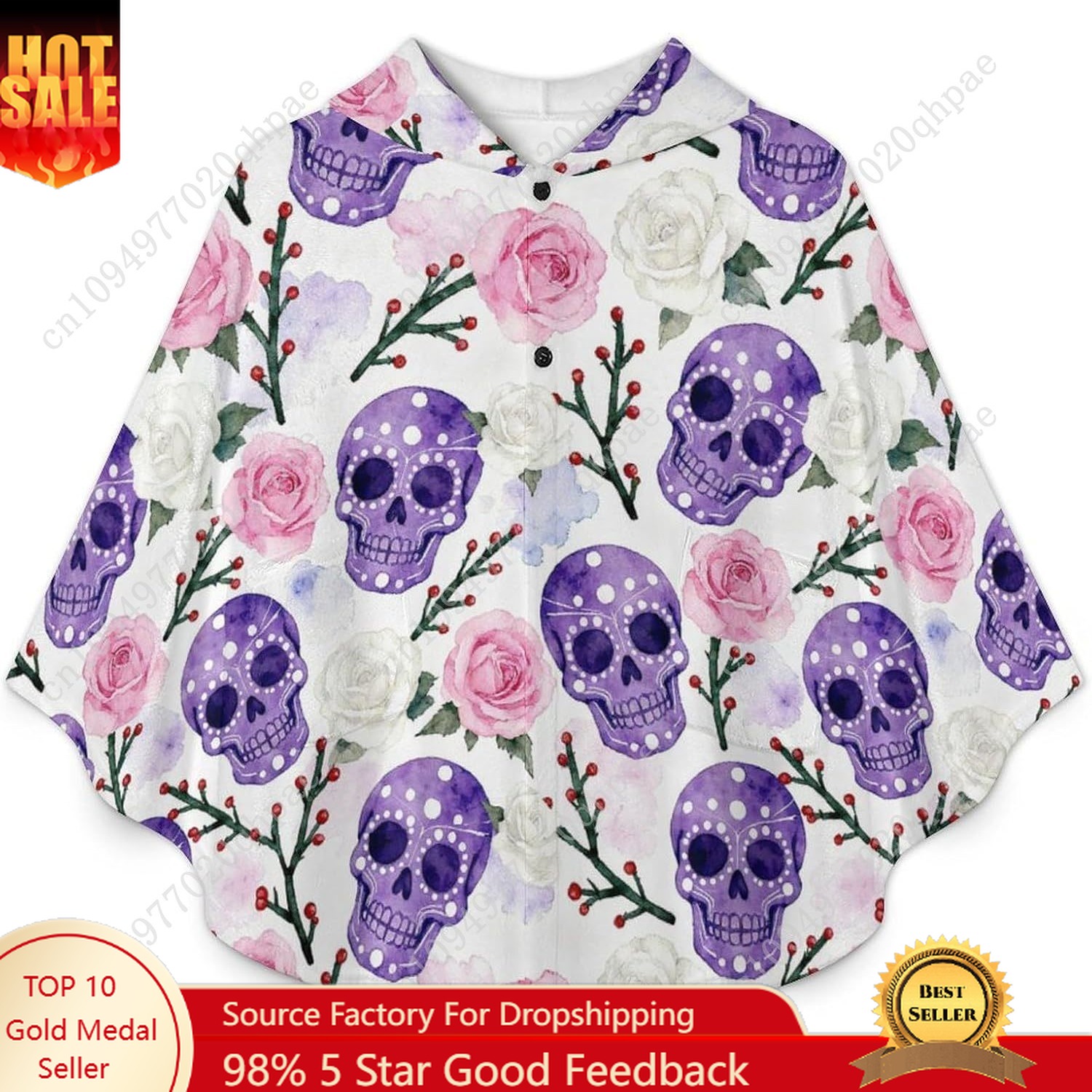 Hoodie Women Oversized - Cozy Flannel Blanket Sweater,Skull Rose Pattern