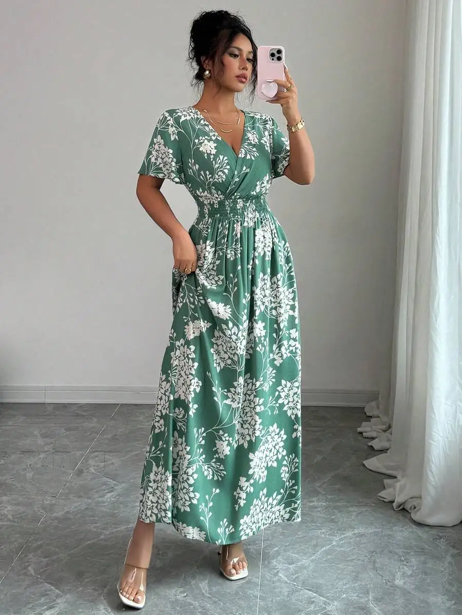 Floral Summer Dress - Women Elegant Floral Print Wrap Midi
