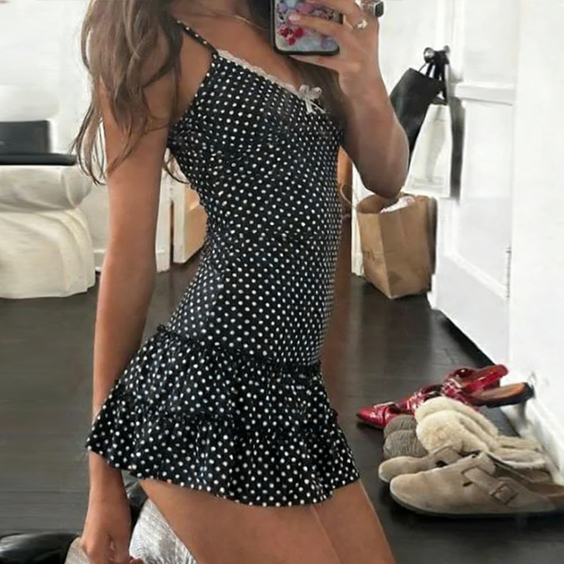Women'S Fashion Y2K Lace Bow Tie Flounce Sleeve Dress - Women's Y2K Polka Dot Bow Tie