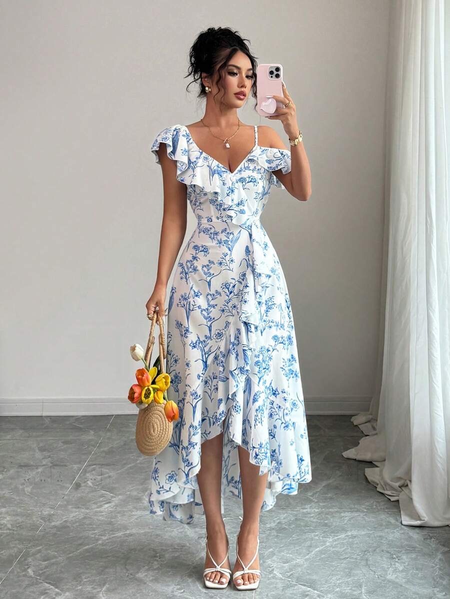 Women V-Neck Asymmetric Should - Floral Summer Dress review and price