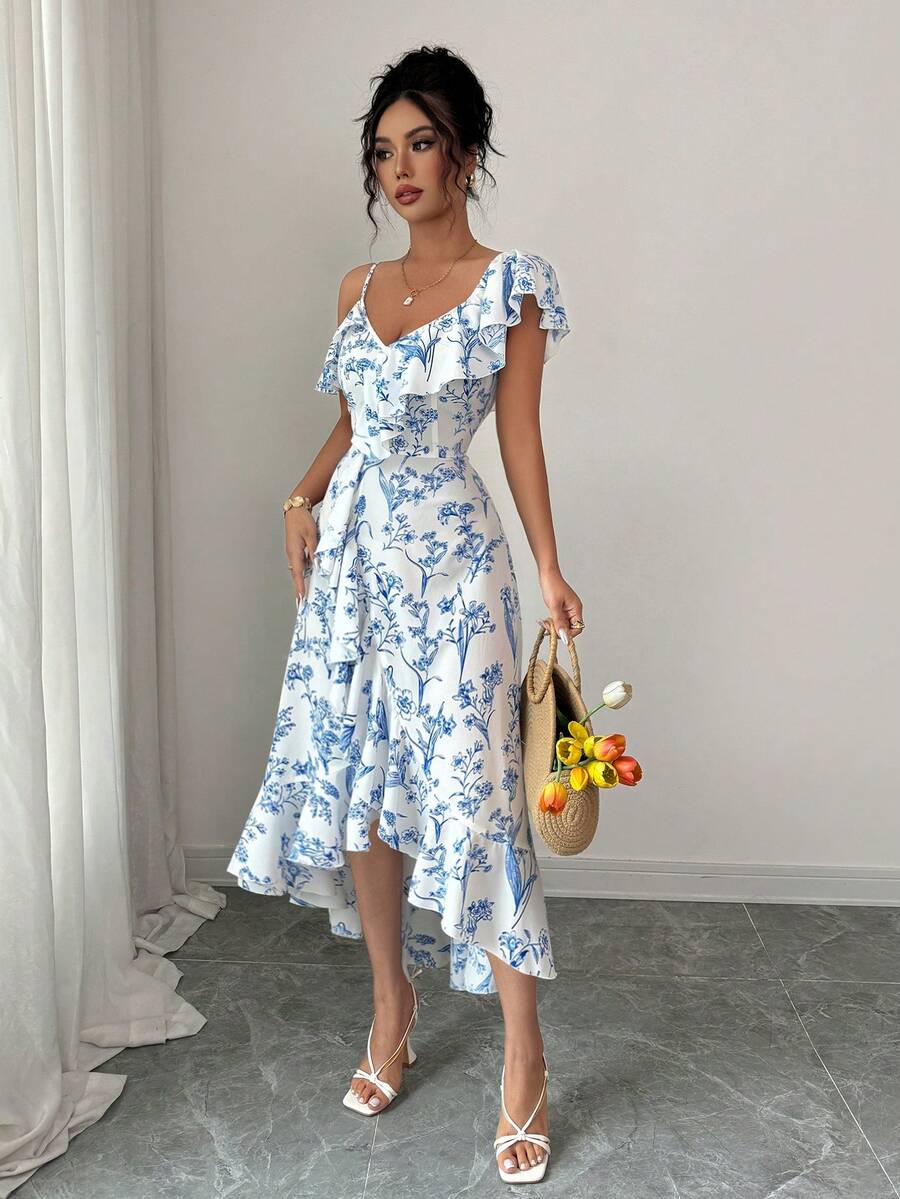 Women V-Neck Asymmetric Should - Floral Summer Dress review and price