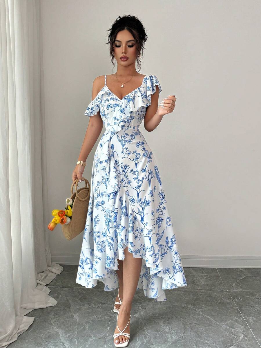 Women V-Neck Asymmetric Should - Floral Summer Dress review and price