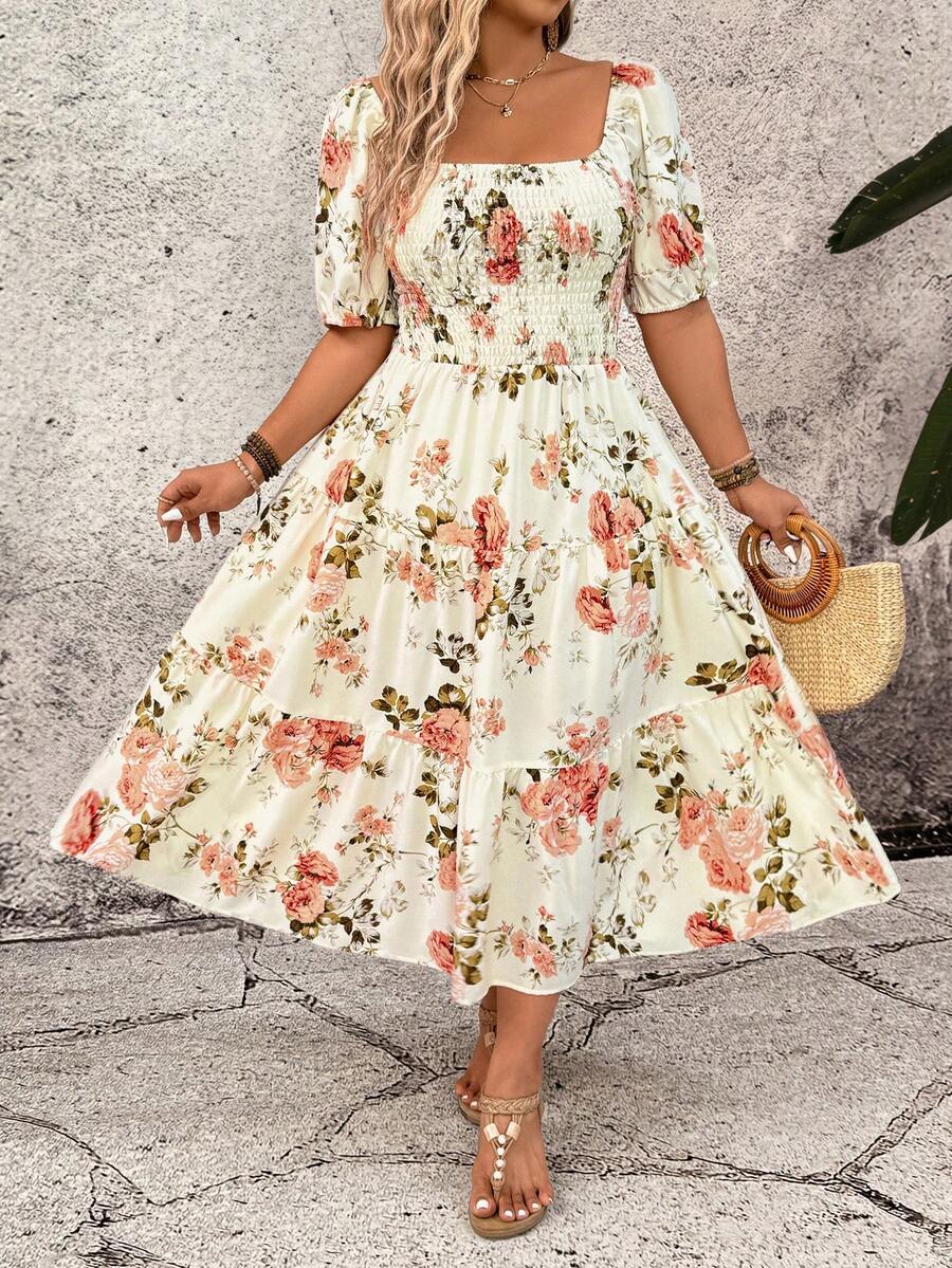 Plus Size Square Neck Floral P - Floral Summer Dress review and price